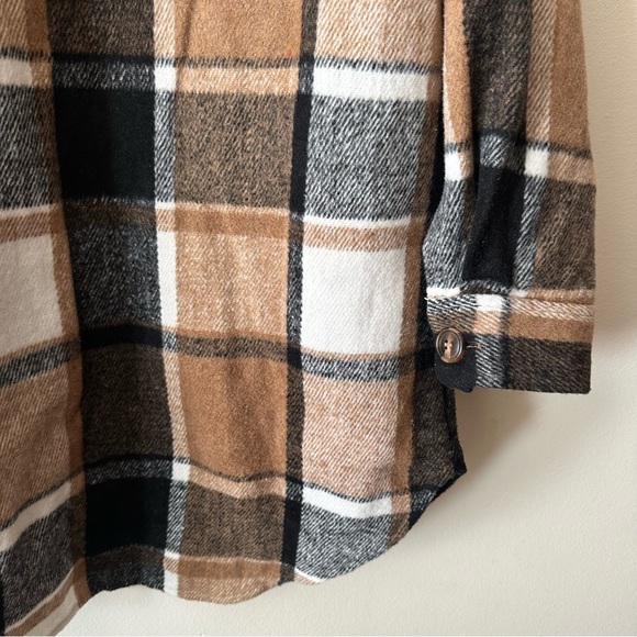 Calista Plaid Wool Blend Flannel Tan Mid Length Button Up Shirt Jacket Shacket - Picture 7 of 9